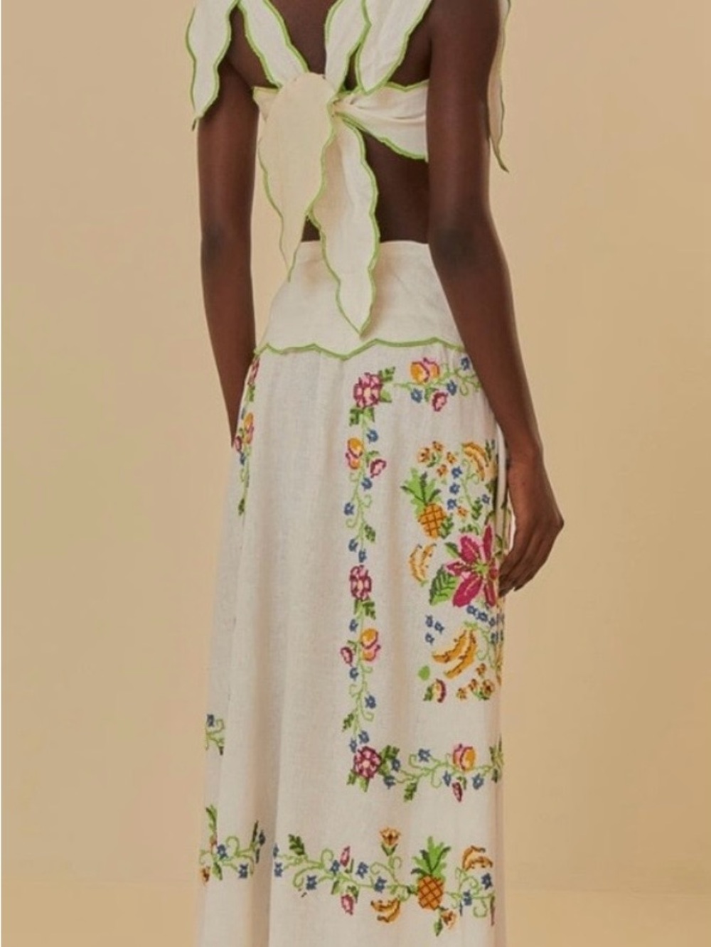 Farm Rio Tropical Romance Ivory Embroidered Floral Cutout Dress with Green Trim - Picture 3 of 6
